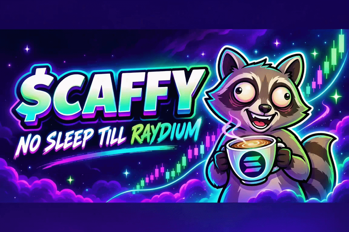 $CAFFY — No Sleep Till Raydium, with Caffy holding his coffee against glowing neon candles
